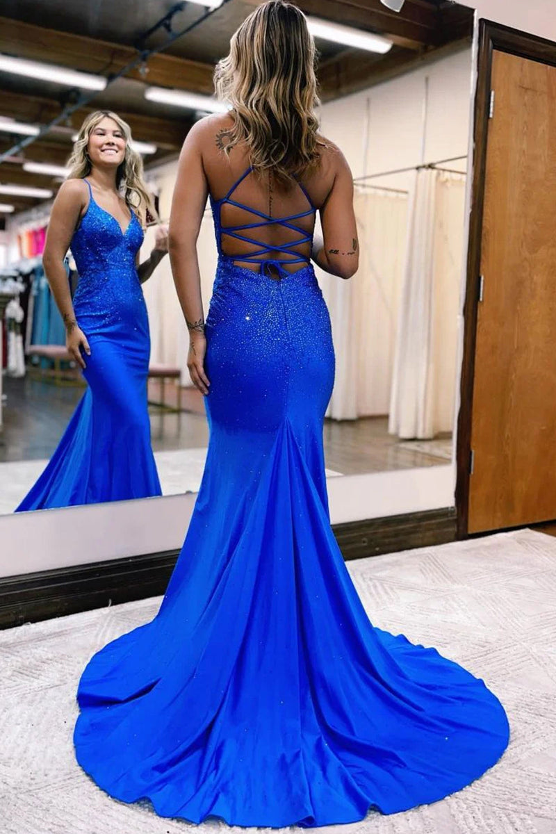 Queendancer Royal Blue Spaghetti Straps Corset Back Glitter Prom Dress