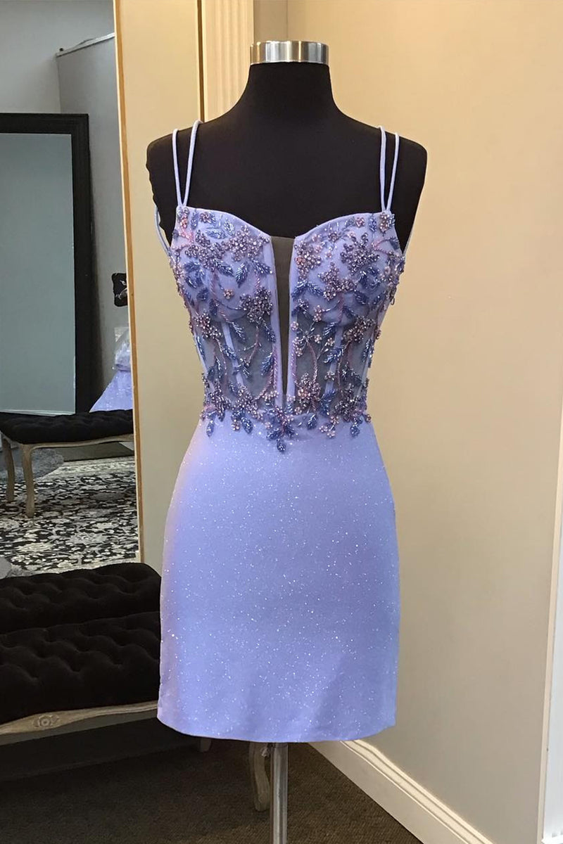 Load image into Gallery viewer, Sheath Spaghetti Straps Lilac Short Homecoming Dress with Beading