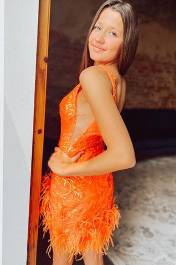 Sparkly Orange V Neck Sequined Homecoming Dress with Feather