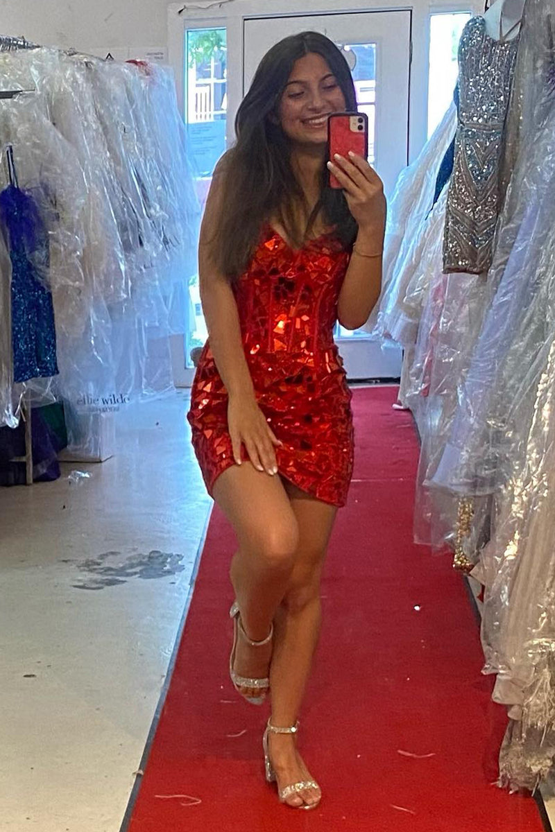 Load image into Gallery viewer, Sparkly Red Bodycon Corset Mirror Homecoming Dress