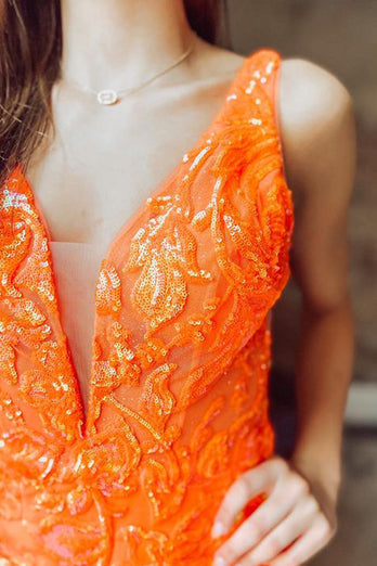 Sparkly Orange V Neck Sequined Homecoming Dress with Feather