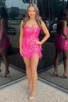 Sparkly Fuchsia Spaghetti Straps Tight Homecoming Dress with Feathers