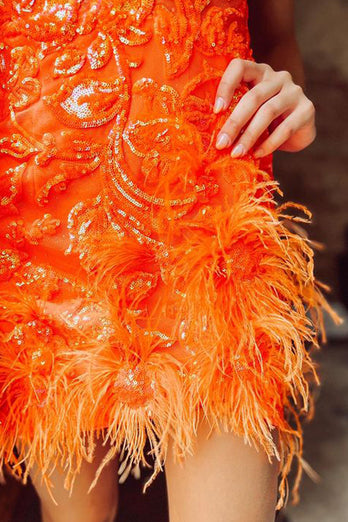 Sparkly Orange V Neck Sequined Homecoming Dress with Feather