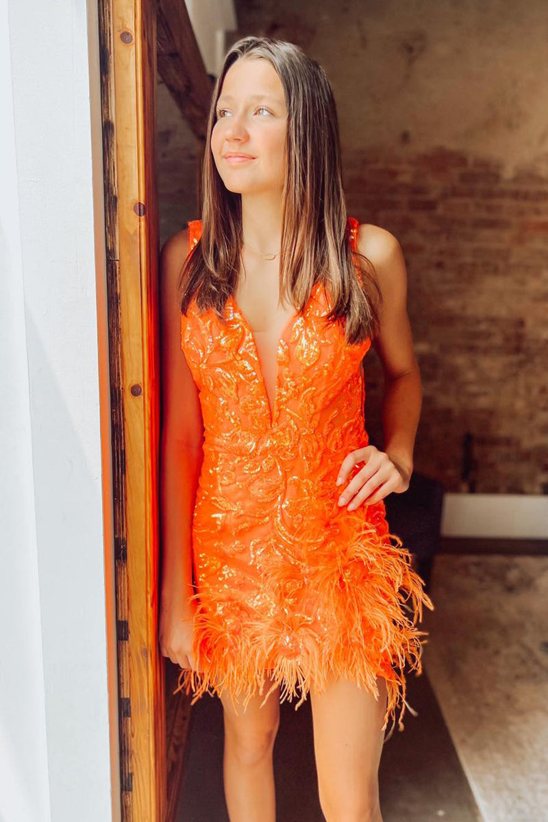 Load image into Gallery viewer, Sparkly Orange V Neck Sequined Homecoming Dress with Feather