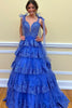 Load image into Gallery viewer, Spaghetti Straps Dark Blue Tiered Sequined Prom Dress with Appliques