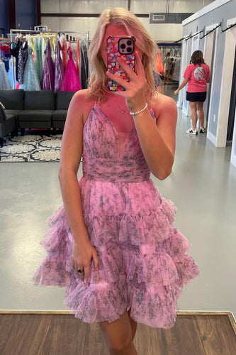 Sparkly A-Line Pink Short Homecoming Dress with Ruffles