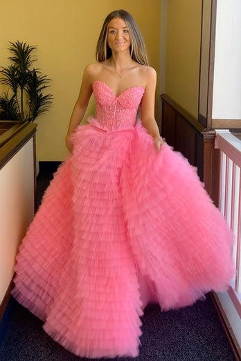 A Line Coral Sweetheart Tiered Long Corset Prom Dress