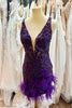 Load image into Gallery viewer, Sparkly Orange V Neck Sequined Homecoming Dress with Feather