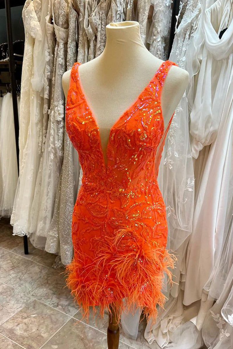 Load image into Gallery viewer, Sparkly Orange V Neck Sequined Homecoming Dress with Feather