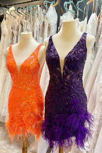 Sparkly Orange V Neck Sequined Homecoming Dress with Feather