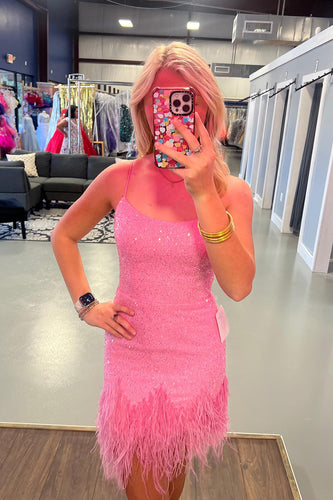 Glitter Pink Spaghetti Straps Sequined Homecoming Dress with Feathers