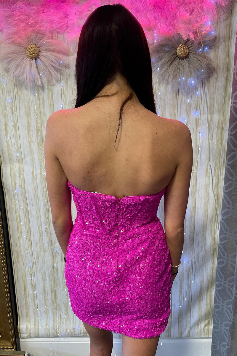Load image into Gallery viewer, Sparkly Fuchsia Strapless Bodycon Homecoming Dress with Sequins