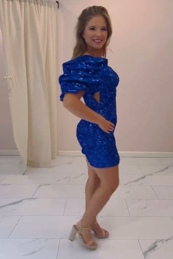 Sparkly Royal Blue One Shoulder Bodycon Homecoming Dress with Slit