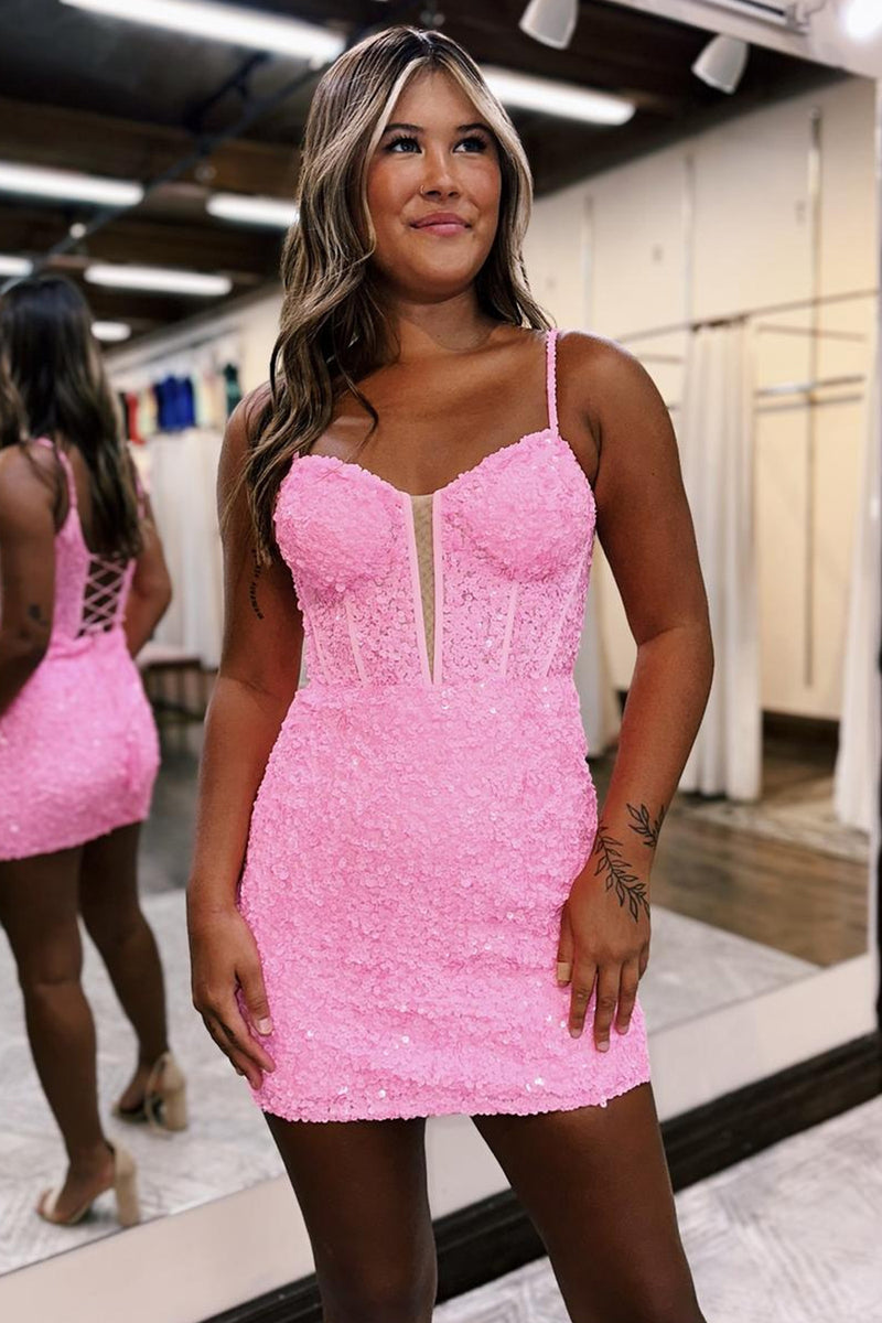 Load image into Gallery viewer, Pink Sparkly Spaghetti Straps Corset Homecoimg Dress with Appliques