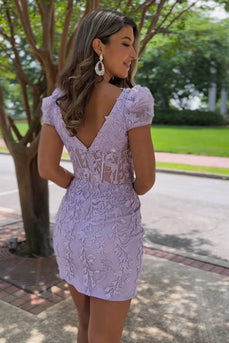 Square Neck Purple Bodycon Corset Homecoming Dress with Appliques