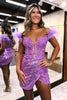Load image into Gallery viewer, Purple Off The Shoulder Corset Sequined Homecoming Dress with Feather