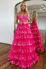 Load image into Gallery viewer, Glitter Fuchsia A Line Off the Shoulder Lace Long Corset Prom Dress