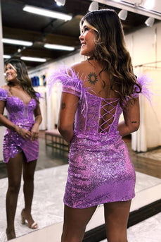 Purple Off The Shoulder Corset Sequined Homecoming Dress with Feather
