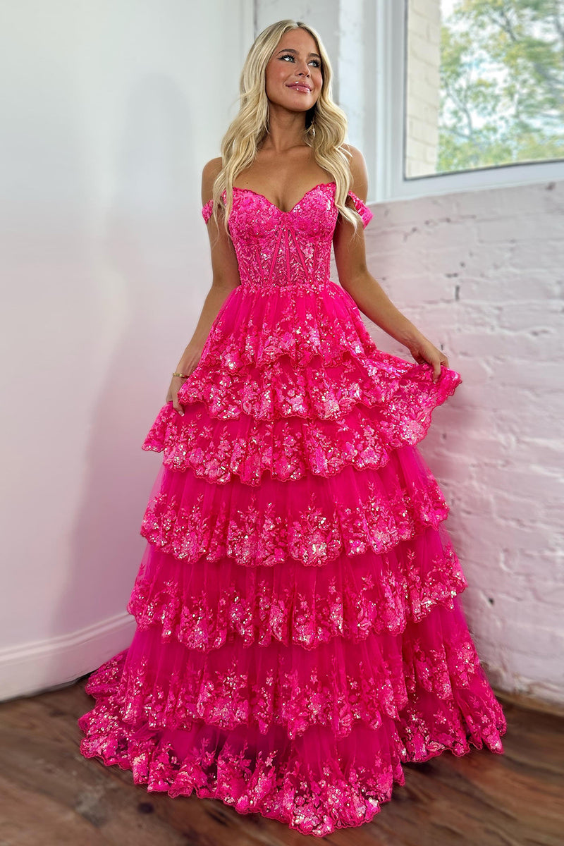 Load image into Gallery viewer, Glitter Fuchsia A Line Off the Shoulder Lace Long Corset Prom Dress