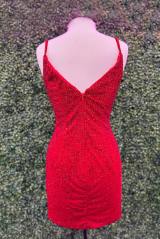 Sparkly Red Spaghetti Straps Bodycon Homecoming Dress with Beading