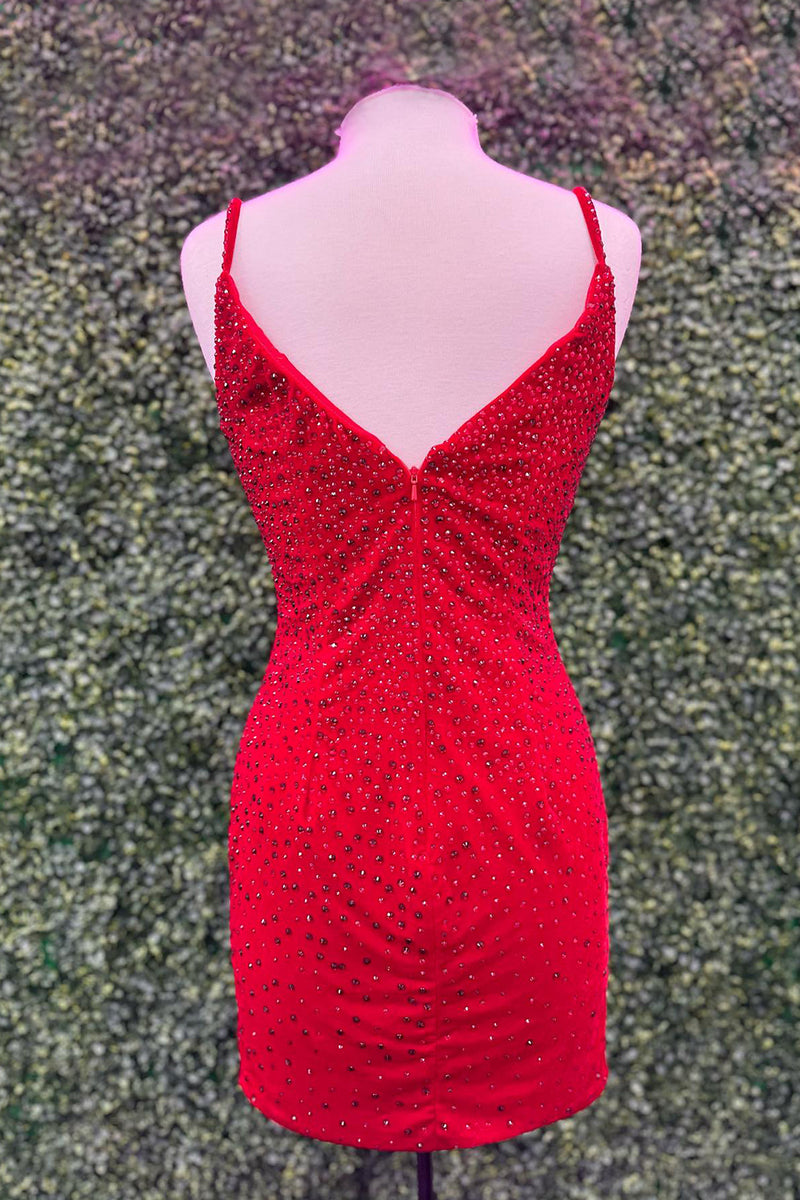 Load image into Gallery viewer, Sparkly Red Spaghetti Straps Bodycon Homecoming Dress with Beading