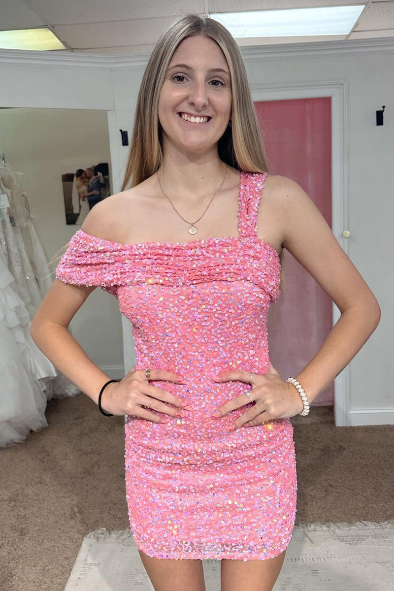 Load image into Gallery viewer, Sparkly Pink One Shoulder Bodycon Homecoming Dress with Sequins