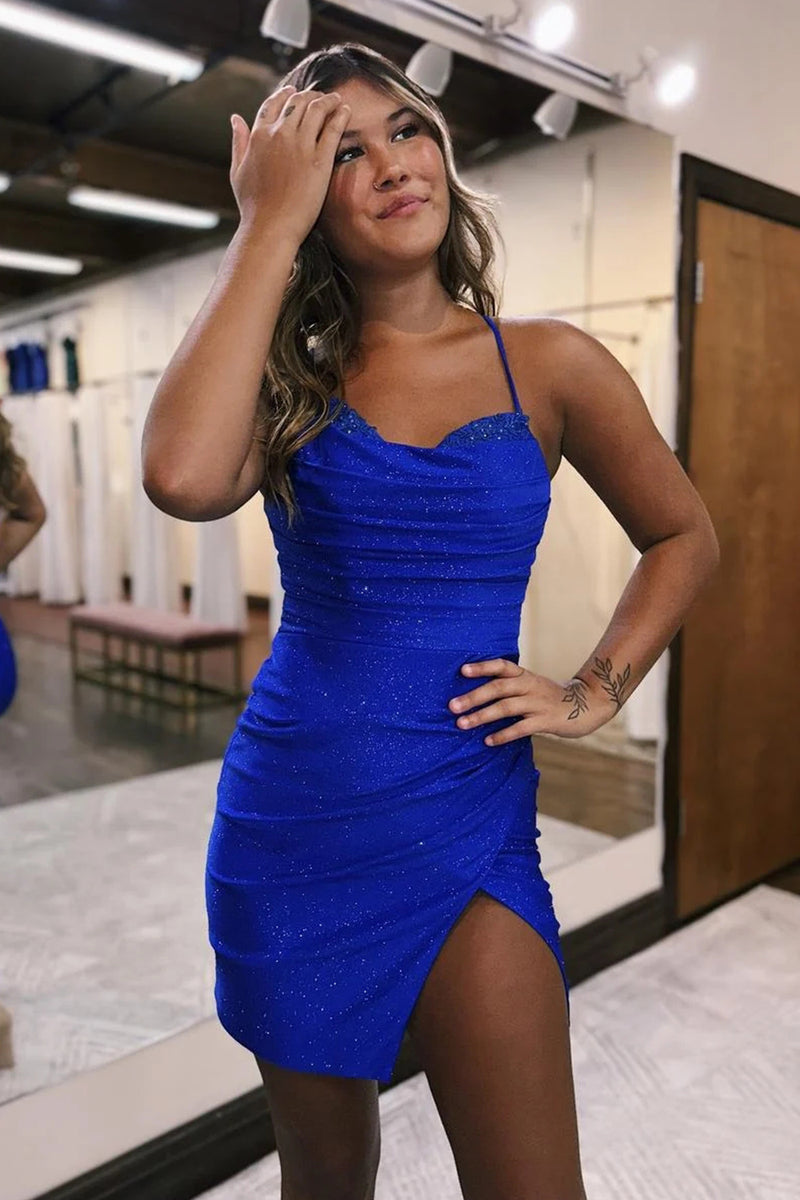 Load image into Gallery viewer, Glitter Royal Blue Spaghetti Straps Homecoming Dress with Lace