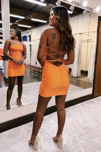 Sparkly Orange One Shoulder Bodycon Homecoming Dress with Beading