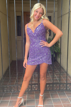 Sparkly Purple Spaghetti Straps Bodycon Homecoming Dress with Sequins
