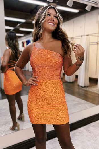 Sparkly Orange One Shoulder Bodycon Homecoming Dress with Beading