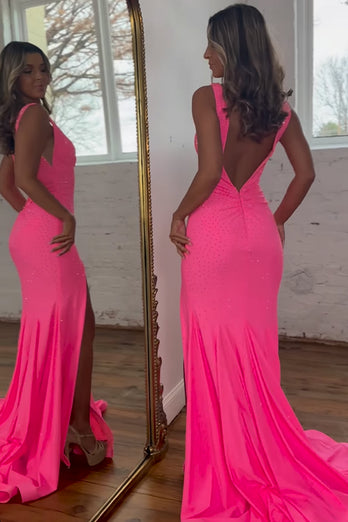 Sparkly Fuchsia Beaded Mermaid Long Prom Dress With Slit