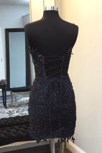 Sparkly Black Bodycon Corset Homecoming Dress with Lace