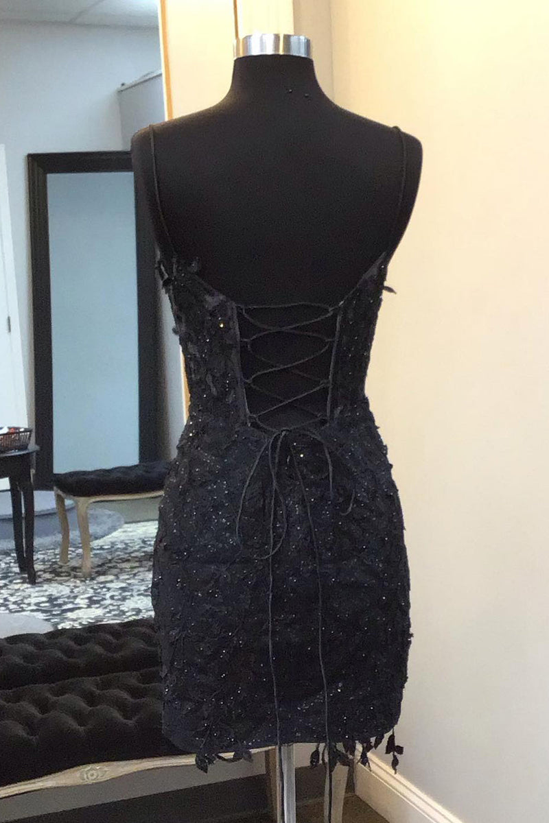 Load image into Gallery viewer, Sparkly Black Bodycon Corset Homecoming Dress with Lace