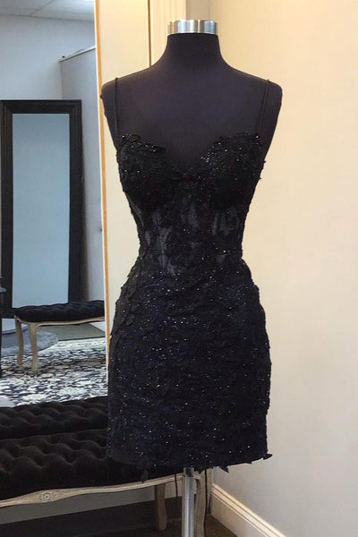 Sparkly Black Bodycon Corset Homecoming Dress with Lace