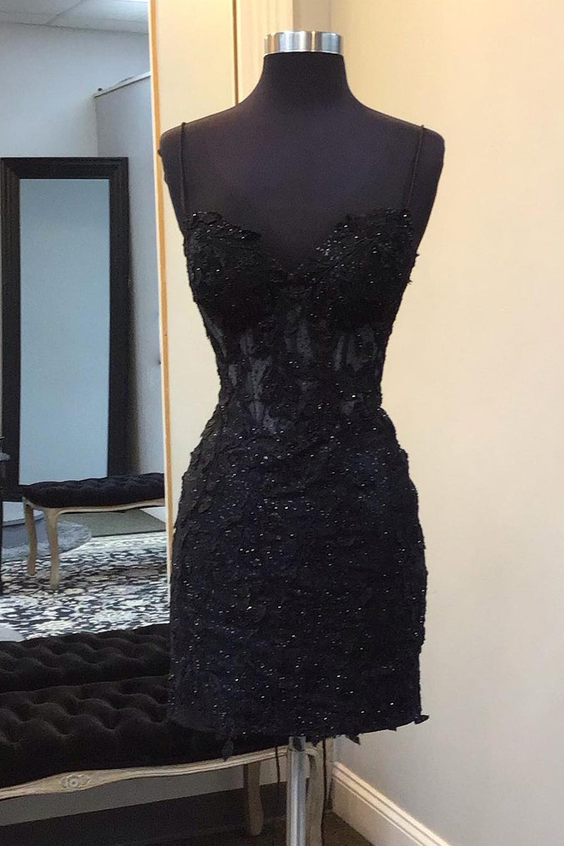 Load image into Gallery viewer, Sparkly Black Bodycon Corset Homecoming Dress with Lace