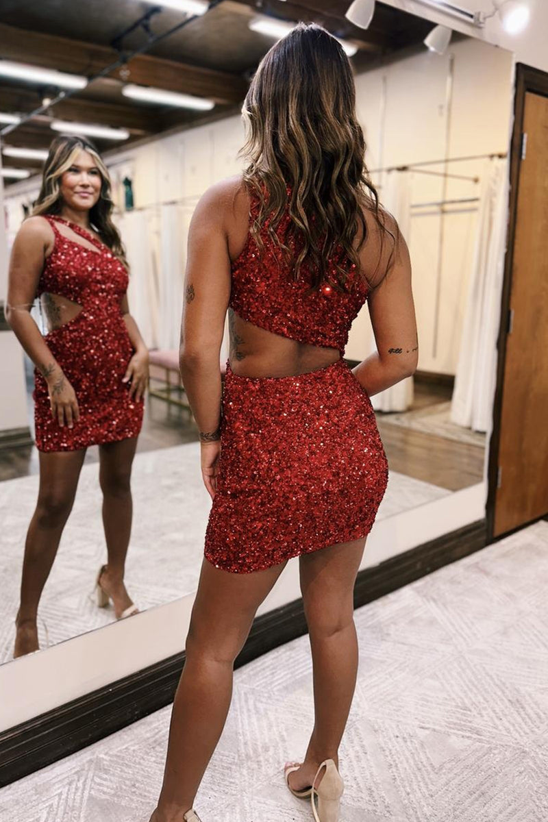 Load image into Gallery viewer, Red Sparkly One Shoulder Bodycon Homecoming Dress with Sequins