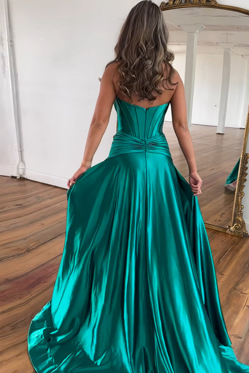 Load image into Gallery viewer, Dark Green A Line Satin Long Corset Prom Dress With Slit