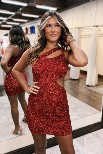 Red Sparkly One Shoulder Bodycon Homecoming Dress with Sequins