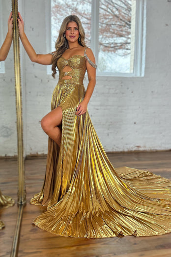 Sparkly Golden Cut Out Beaded A Line Pleated Long Prom Dress With Slit