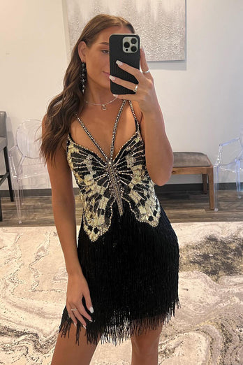 Sparkly Black Beaded Backless Tight Short Homecoming Dress with Fringes and Sequins