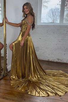 Sparkly Golden Cut Out Beaded A Line Pleated Long Prom Dress With Slit