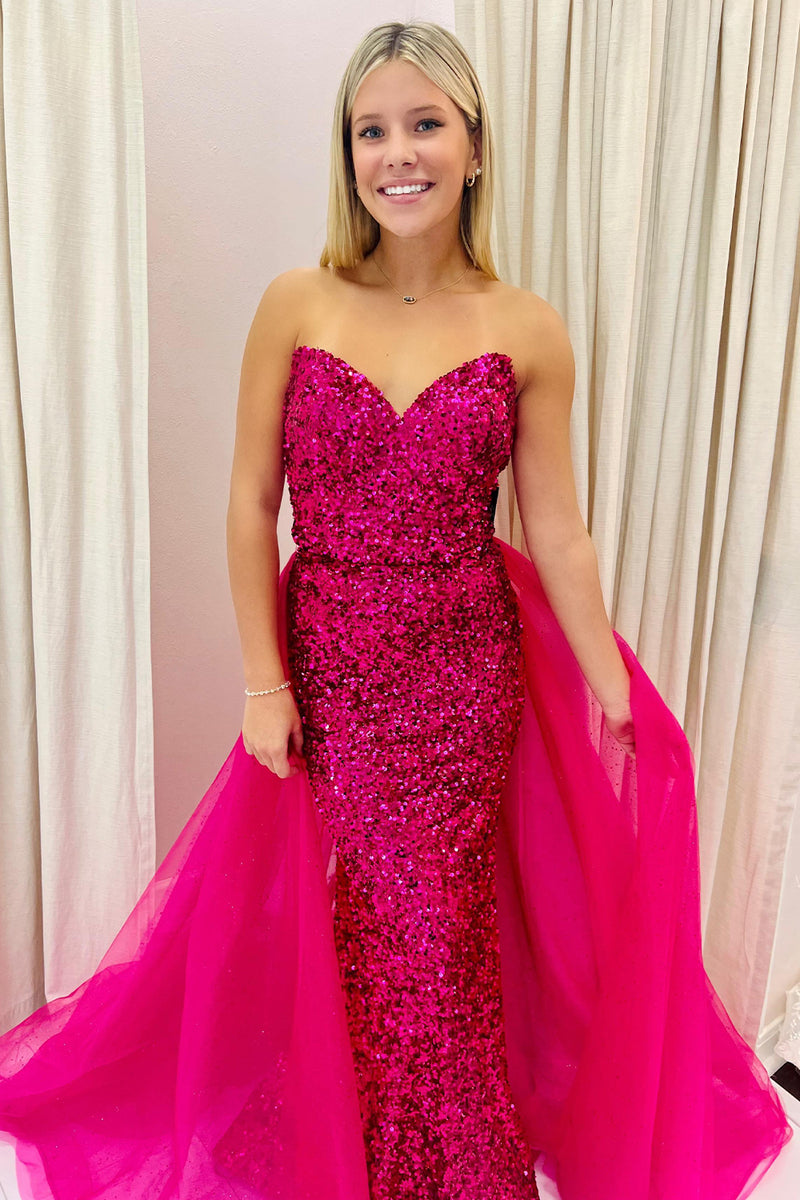 Load image into Gallery viewer, Sparkly Fuchsia A Line Sweetheart Sequins Long Prom Dress