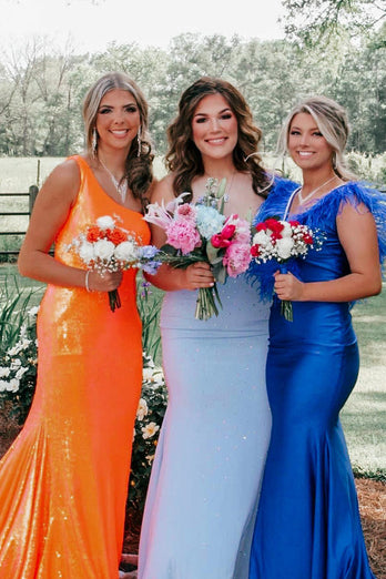 Coral Mermaid Deep V Neck Beaded Long Prom Dress With Feathers