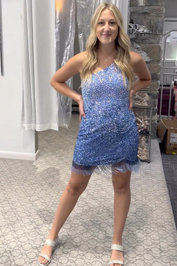 Sparkly Blue One Shoulder Bodycon Sequined Homecoming Dress with Fringes