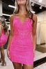 Load image into Gallery viewer, Bodycon Sparkly Fuchsia Spaghetti Straps Homecoming Dress with Feathers
