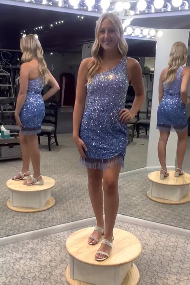 Load image into Gallery viewer, Sparkly Blue One Shoulder Bodycon Sequined Homecoming Dress with Fringes