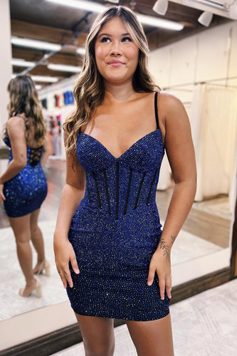 Navy Sparkly Spaghetti Straps Corset Homecoming Dress with Beading
