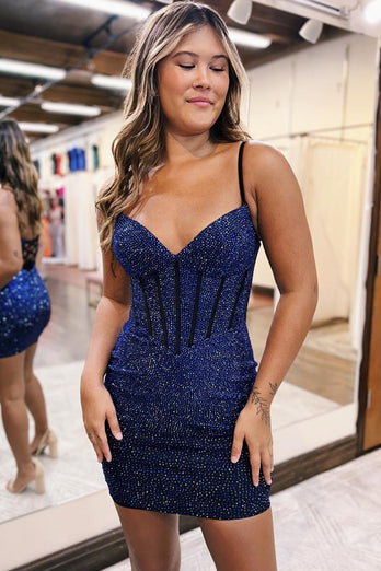 Navy Sparkly Spaghetti Straps Corset Homecoming Dress with Beading