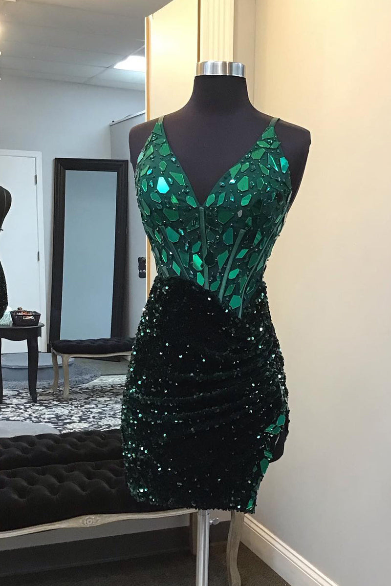 Load image into Gallery viewer, Sparkly Dark Green Mirror Tight Homecoming Dress with Sequins