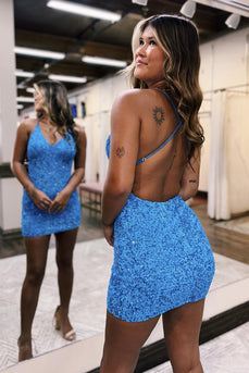Sparkly Sky Blue Backless Tight Short Homecoming Dress with Sequins